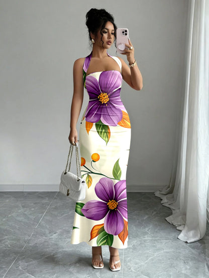 Hip-Hugging Sleeveless Long Skirt Hanging Neck Design And Collar