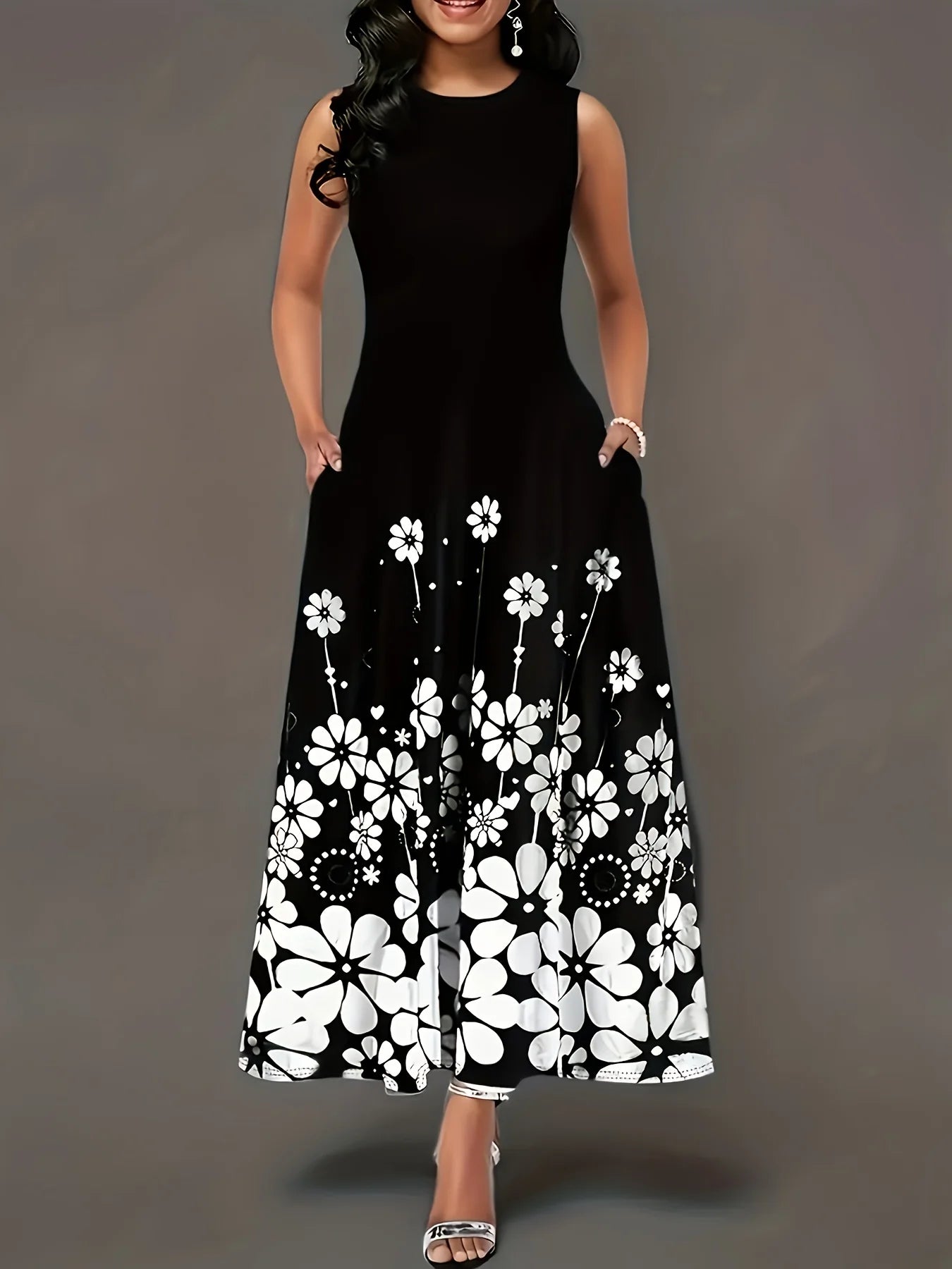 Black and White Floral Print Sleeveless Long Dress