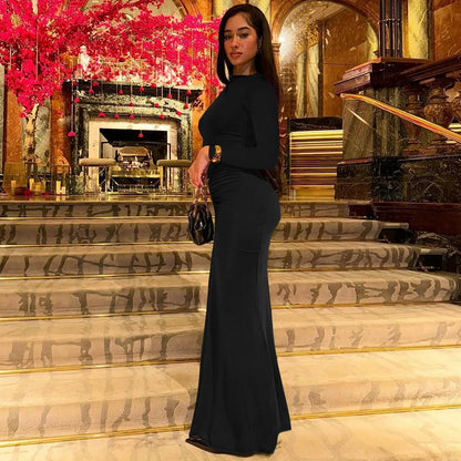 Long Sleeve Draped Sexy Bodycon Maxi Dress