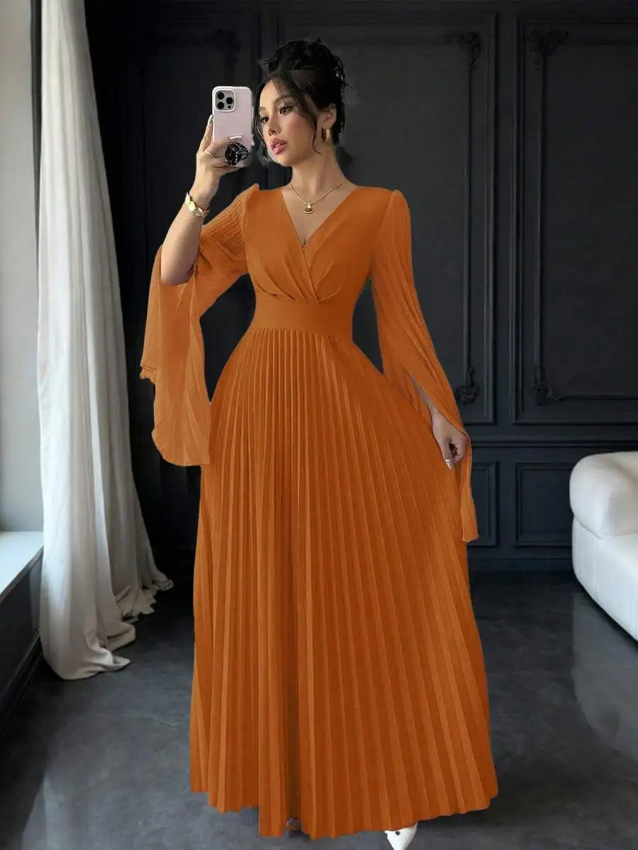 V-Neck Pleated Maxi Dress